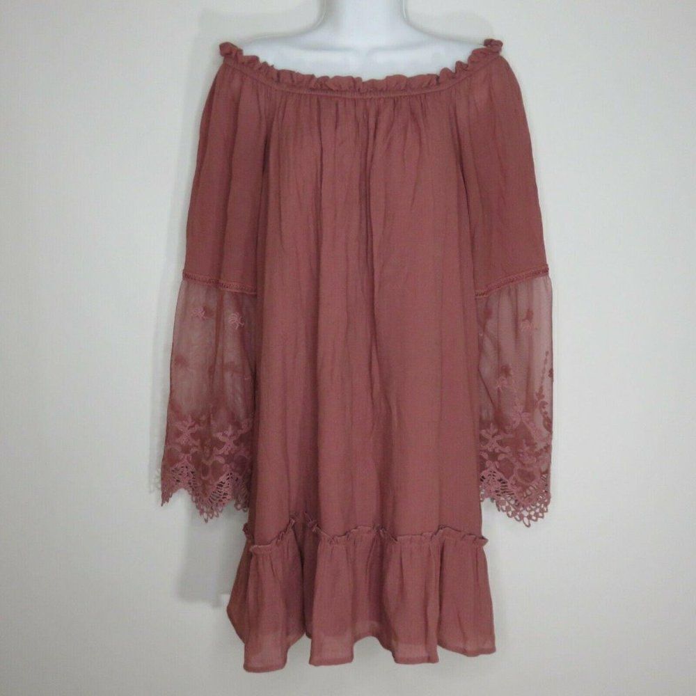 Anthro AUW Mini Tunic Dress L Dusty Pink Mauve Sheer Bell Sleeve Peasant Boho